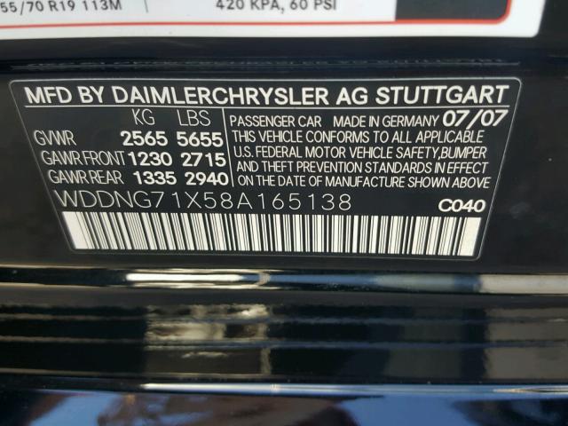 WDDNG71X58A165138 - 2008 MERCEDES-BENZ S 550 BLACK photo 10