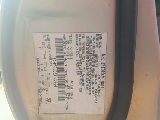 1FAFP53U06A172264 - 2006 FORD TAURUS SE SILVER photo 10