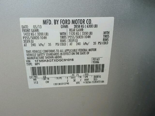 1FM5K8GTXDGC91016 - 2013 FORD EXPLORER S SILVER photo 10