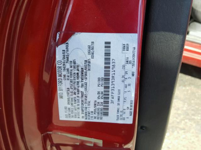 3FAFP31393R119837 - 2003 FORD FOCUS ZX3 RED photo 10