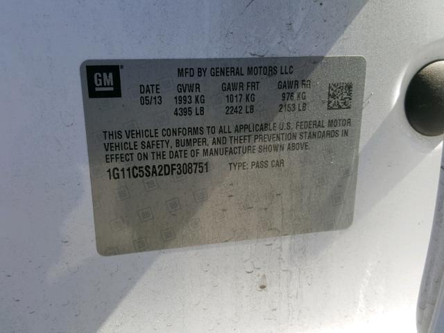 1G11C5SA2DF308751 - 2013 CHEVROLET MALIBU 1LT WHITE photo 10