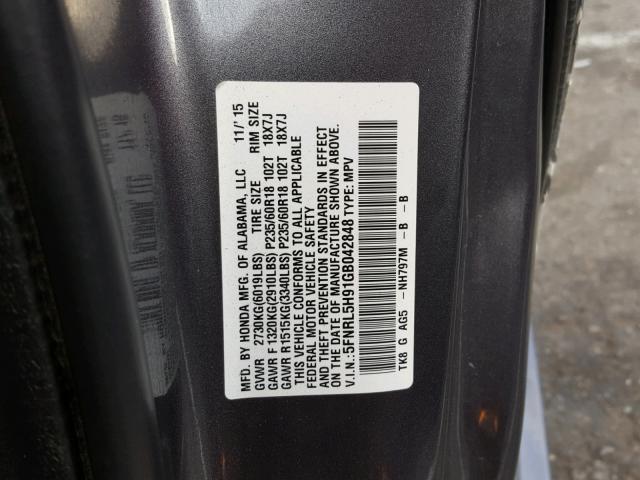 5FNRL5H91GB042848 - 2016 HONDA ODYSSEY TO GRAY photo 10