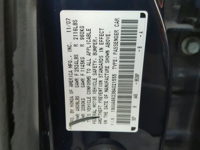 19UUA66238A021555 - 2008 ACURA TL BLUE photo 10