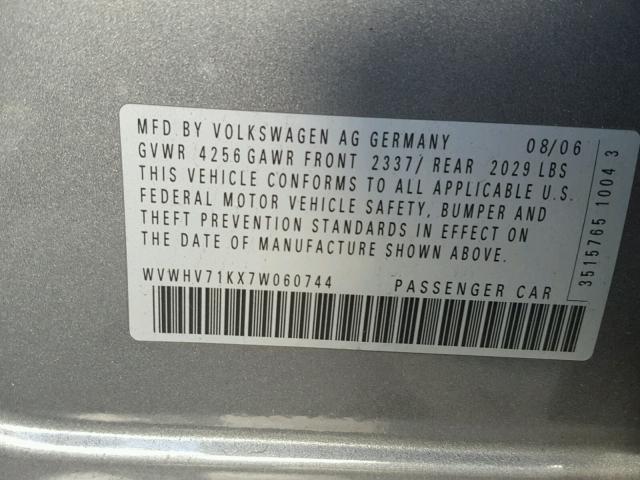 WVWHV71KX7W060744 - 2007 VOLKSWAGEN NEW GTI GRAY photo 10