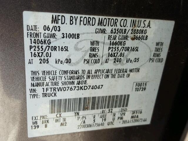 1FTRW07673KD74047 - 2003 FORD F150 SUPER GRAY photo 10