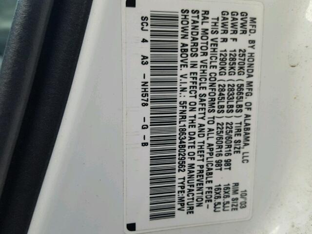 5FNRL18634B029562 - 2004 HONDA ODYSSEY EX WHITE photo 10