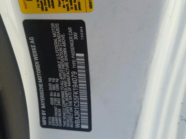 WBA3R1C55FK194079 - 2015 BMW 435 I WHITE photo 10