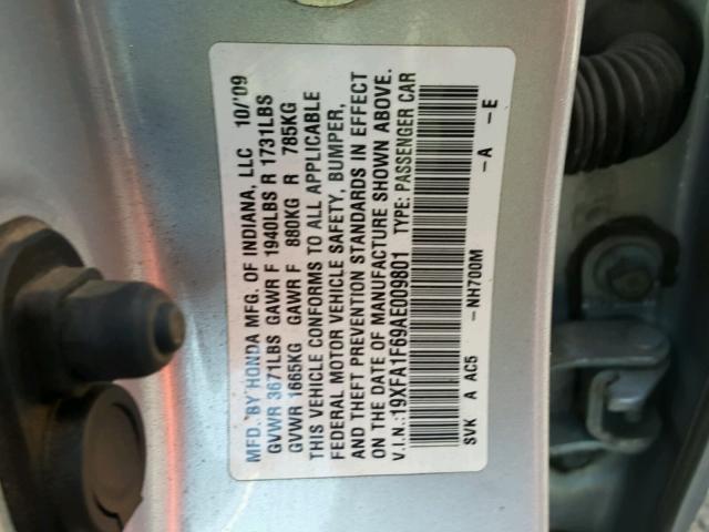 19XFA1F69AE009801 - 2010 HONDA CIVIC SILVER photo 10