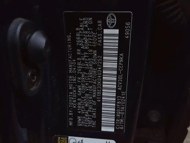 4T1BE32K04U347252 - 2004 TOYOTA CAMRY LE BLUE photo 10