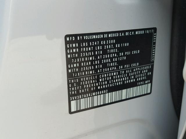 3VV3B7AX4JM066692 - 2018 VOLKSWAGEN TIGUAN SE WHITE photo 10