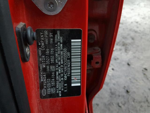 KMHCT4AE5CU233533 - 2012 HYUNDAI ACCENT GLS RED photo 10