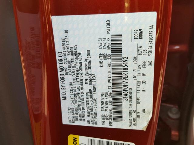 3FA6P0H79ER185492 - 2014 FORD FUSION SE RED photo 10