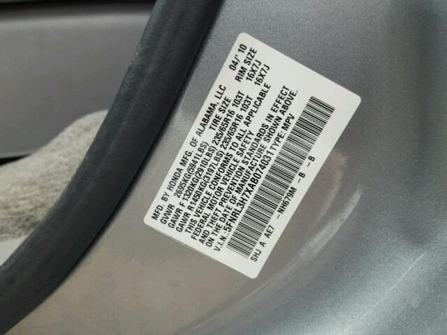 5FNRL3H7XAB074031 - 2010 HONDA ODYSSEY EX SILVER photo 10