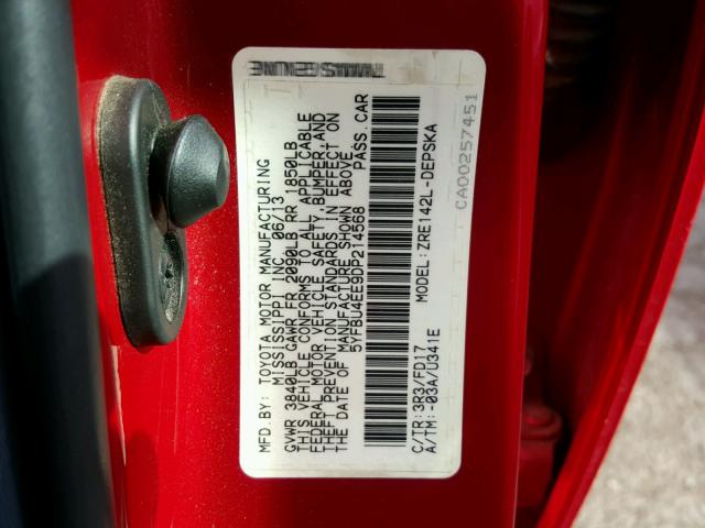 5YFBU4EE9DP214568 - 2013 TOYOTA COROLLA BA RED photo 10