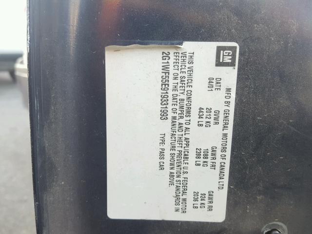 2G1WF55E919331993 - 2001 CHEVROLET IMPALA BLUE photo 10