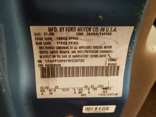 1FAFP33P0YW230720 - 2000 FORD FOCUS LX BLUE photo 10