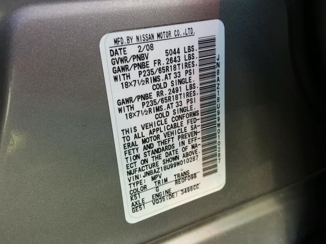 JN8AZ18U99W010287 - 2009 NISSAN MURANO S GRAY photo 10