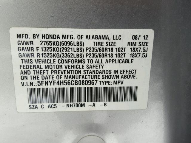 5FNYF4H56CB080967 - 2012 HONDA PILOT EXL SILVER photo 10