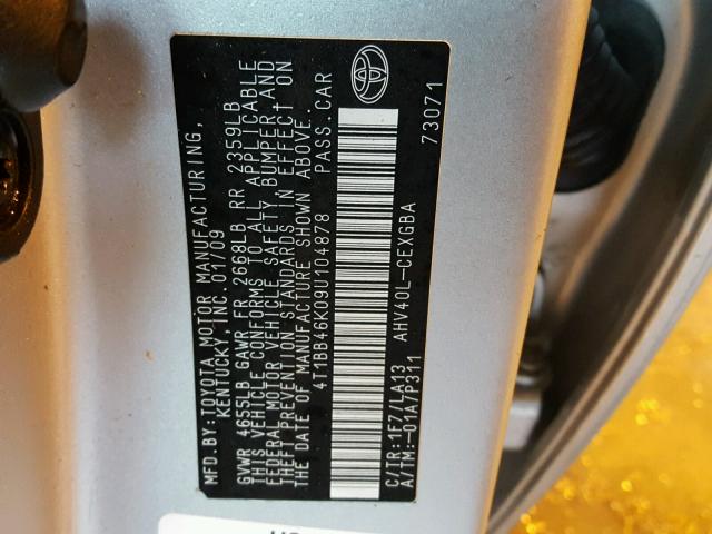 4T1BB46K09U104878 - 2009 TOYOTA CAMRY HYBR SILVER photo 10