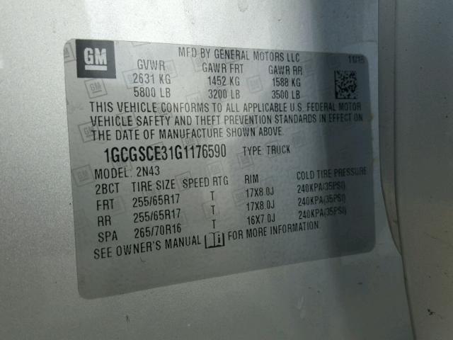 1GCGSCE31G1176590 - 2016 CHEVROLET COLORADO L SILVER photo 10