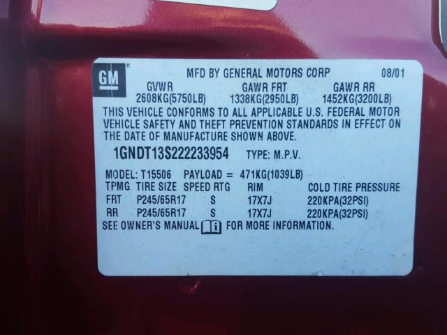 1GNDT13S222233954 - 2002 CHEVROLET TRAILBLAZE RED photo 10