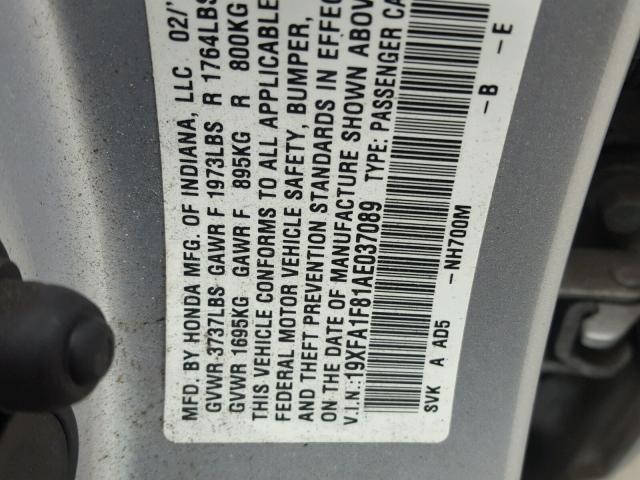 19XFA1F81AE037089 - 2010 HONDA CIVIC EX SILVER photo 10