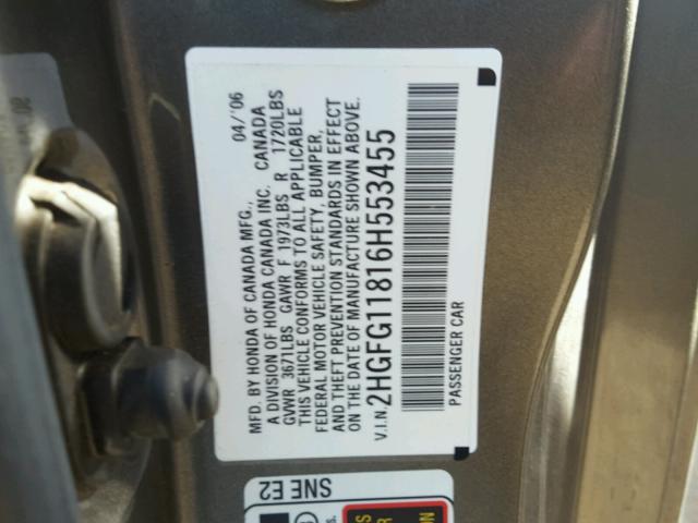 2HGFG11816H553455 - 2006 HONDA CIVIC EX GRAY photo 10