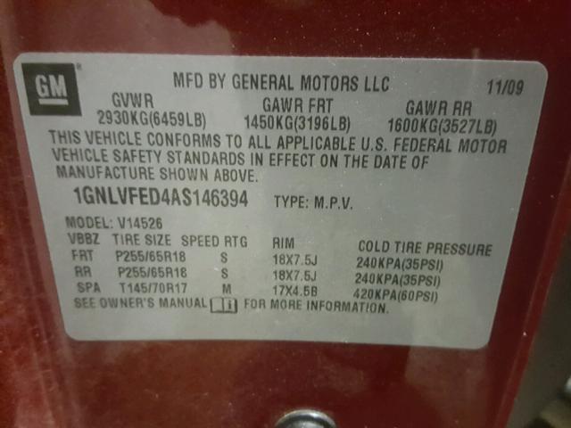 1GNLVFED4AS146394 - 2010 CHEVROLET TRAVERSE L RED photo 10