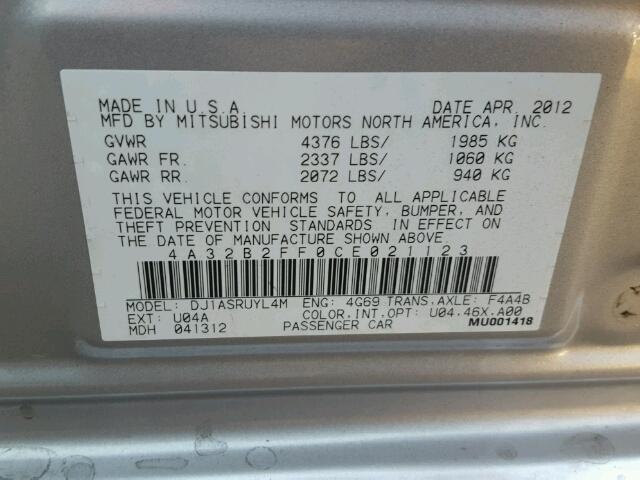 4A32B2FF0CE021123 - 2012 MITSUBISHI GALANT FE SILVER photo 10