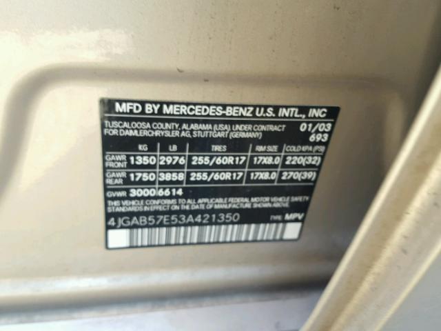 4JGAB57E53A421350 - 2003 MERCEDES-BENZ ML 350 GOLD photo 10