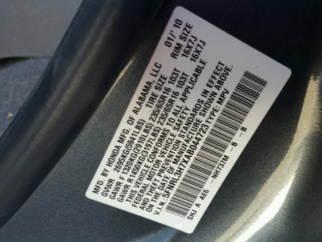 5FNRL3H7XAB044723 - 2010 HONDA ODYSSEY EX BLUE photo 10