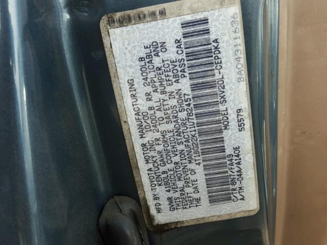 4T1BG22K11U782457 - 2001 TOYOTA CAMRY CE BLUE photo 10