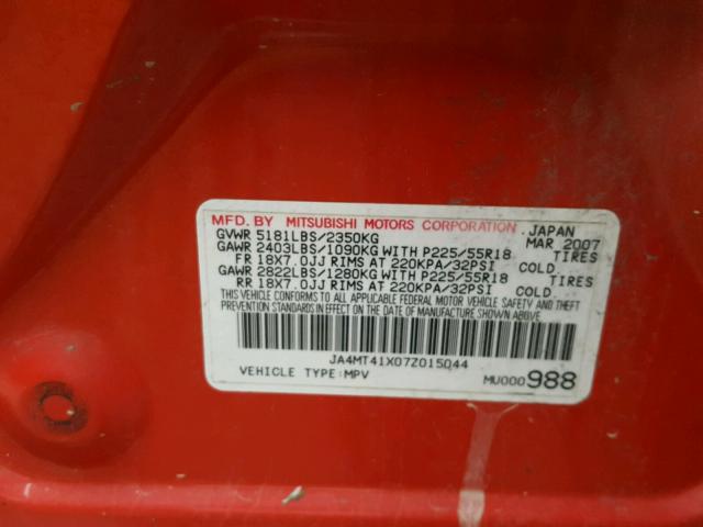 JA4MT41X07Z015044 - 2007 MITSUBISHI OUTLANDER RED photo 10