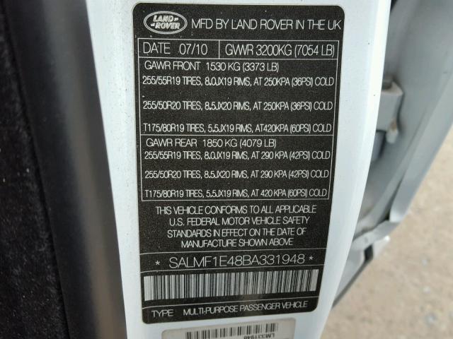 SALMF1E48BA331948 - 2011 LAND ROVER RANGE ROVE WHITE photo 10