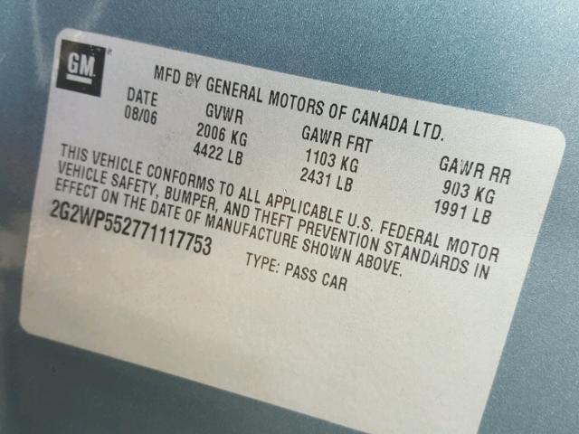 2G2WP552771117753 - 2007 PONTIAC GRAND PRIX BLUE photo 10