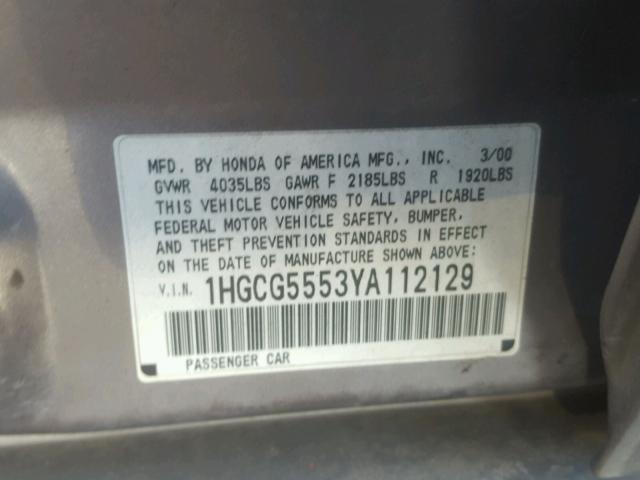 1HGCG5553YA112129 - 2000 HONDA ACCORD EX GRAY photo 10