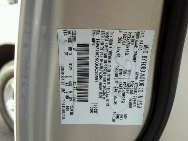 1FMZU63K03UC20551 - 2003 FORD EXPLORER X Gümüş foto 10