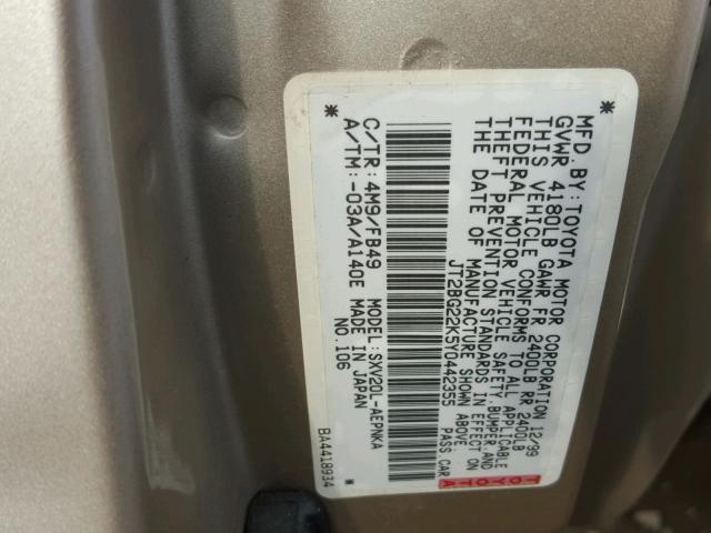 JT2BG22K5Y0442355 - 2000 TOYOTA CAMRY CE GOLD photo 10