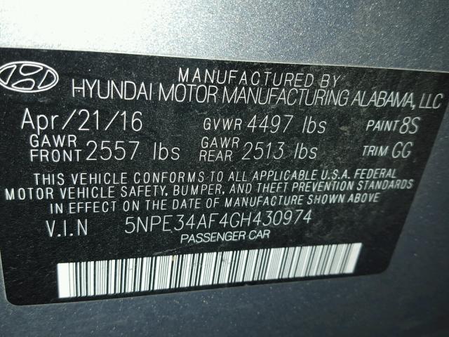 5NPE34AF4GH430974 - 2016 HYUNDAI SONATA SPO GRAY photo 10