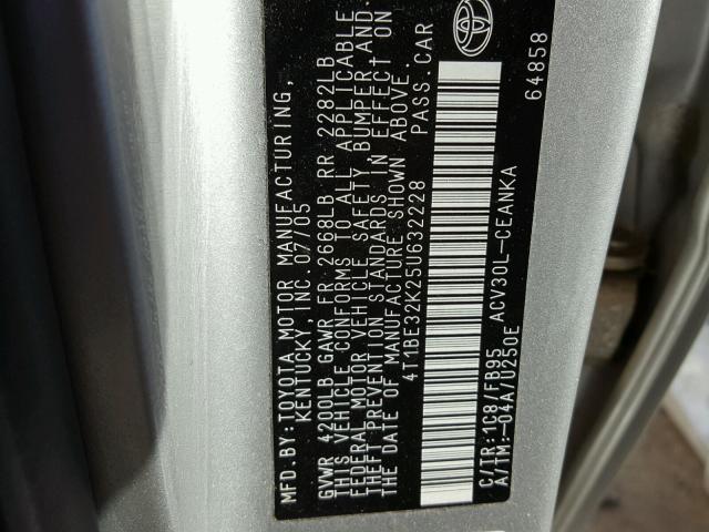 4T1BE32K25U632228 - 2005 TOYOTA CAMRY LE ვერცხლისფერი ფოტო 10