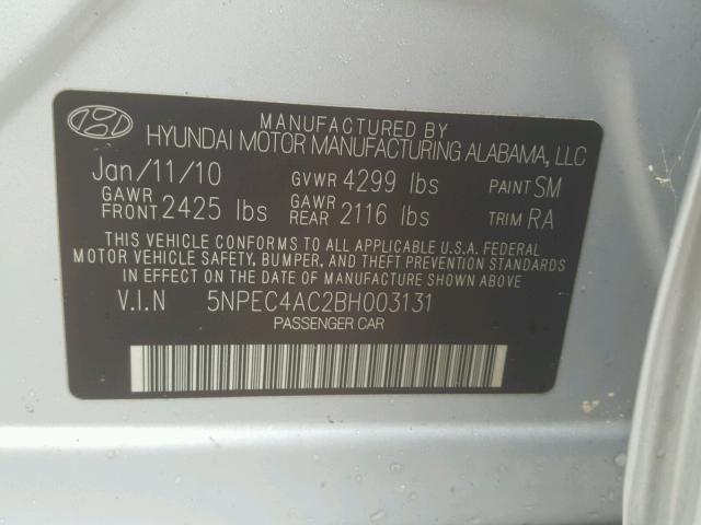 5NPEC4AC2BH003131 - 2011 HYUNDAI SONATA SE 银色 照片 10