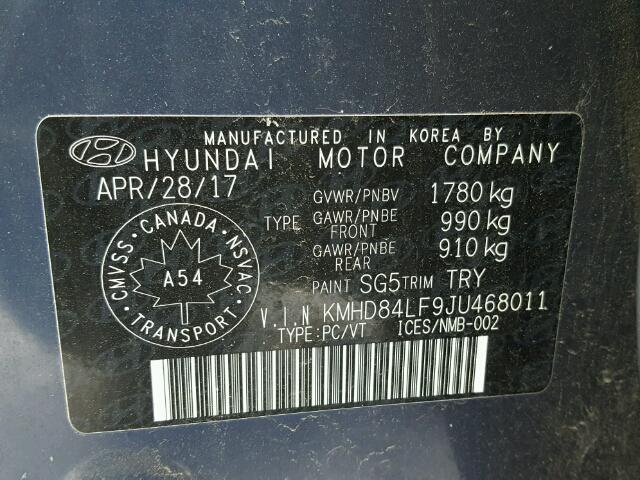 KMHD84LF9JU468011 - 2018 HYUNDAI ELANTRA SE BLUE photo 10