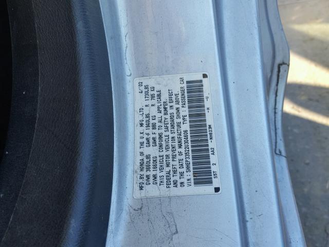 SHHEP33522U304606 - 2002 HONDA CIVIC SI SILVER photo 10