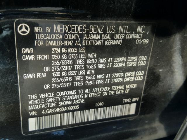 4JGAB54E3XA089905 - 1999 MERCEDES-BENZ ML 320 BLACK photo 10