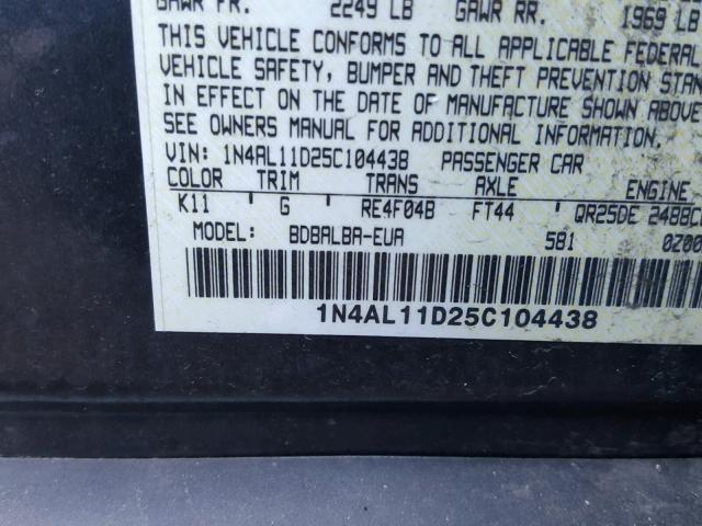 1N4AL11D25C104438 - 2005 NISSAN ALTIMA S GRAY photo 10