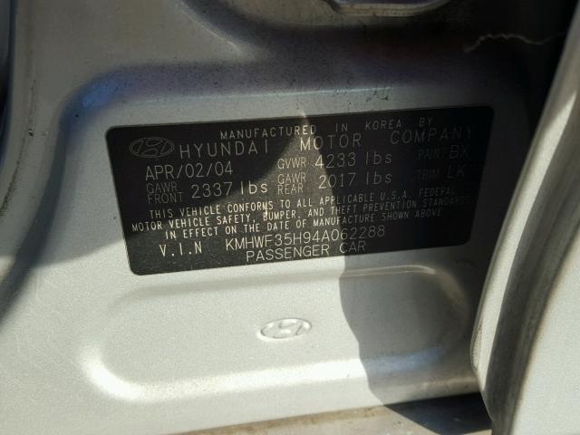 KMHWF35H94A062288 - 2004 HYUNDAI SONATA GLS SILVER photo 10