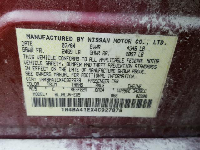 1N4BA41EX4C927878 - 2004 NISSAN MAXIMA SE MAROON photo 10