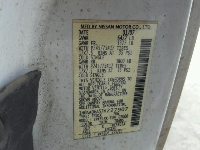 1N6AA06A57N227907 - 2007 NISSAN TITAN XE WHITE photo 10