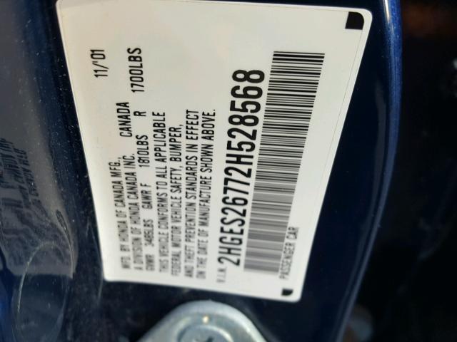 2HGES26772H528568 - 2002 HONDA CIVIC EX ლურჯი ფოტო 10