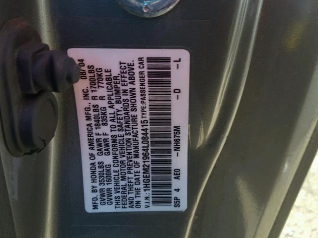 1HGEM21964L084415 - 2004 HONDA CIVIC EX Boz foto 10